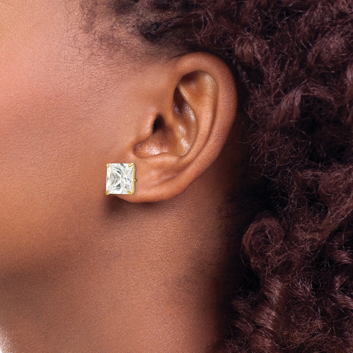 Round CZ Post Earrings - 14k Yellow Gold / Square / 10 mm