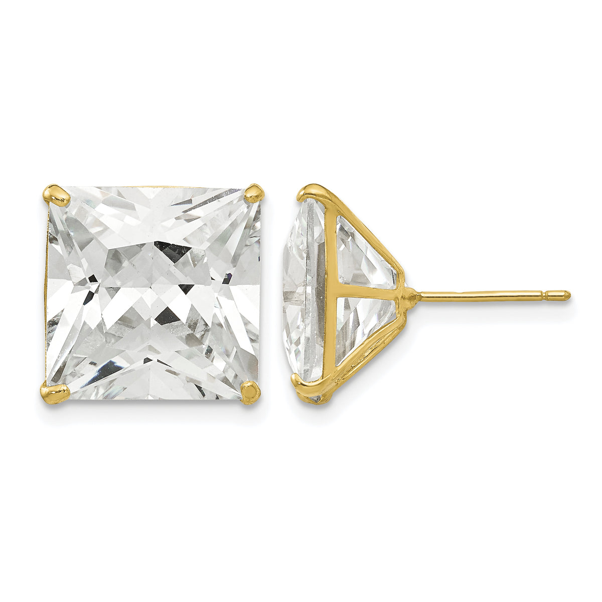 Round CZ Post Earrings - 14k Yellow Gold / Square / 12 mm