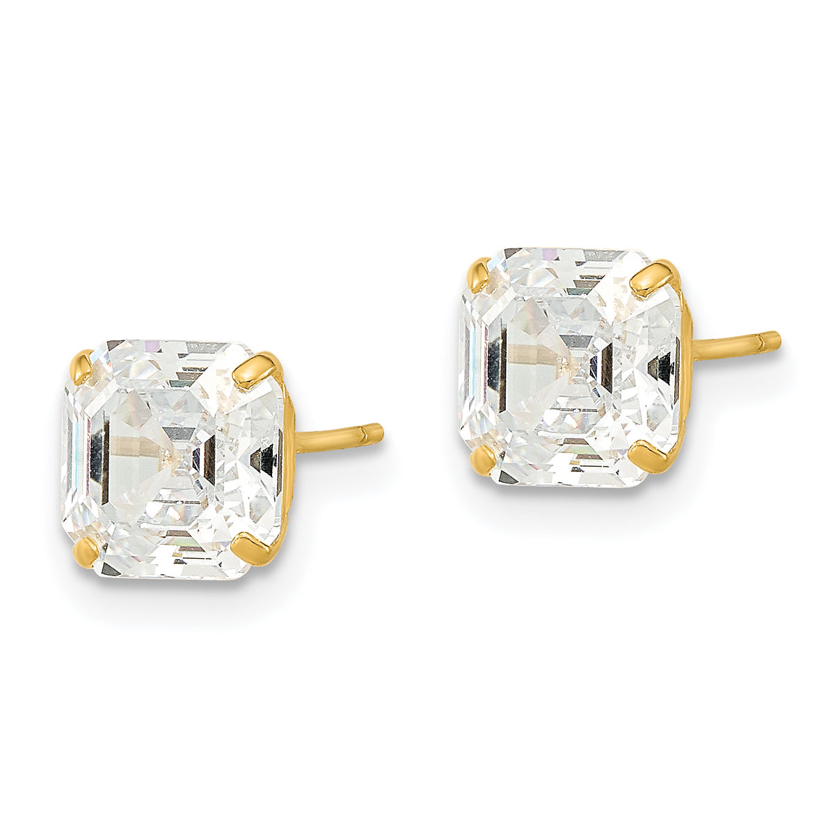 Round CZ Post Earrings - 14k Yellow Gold / Octagon / Emerald / 7x7 mm