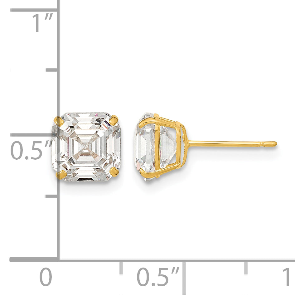 Round CZ Post Earrings - 14k Yellow Gold / Octagon / Emerald / 7x7 mm