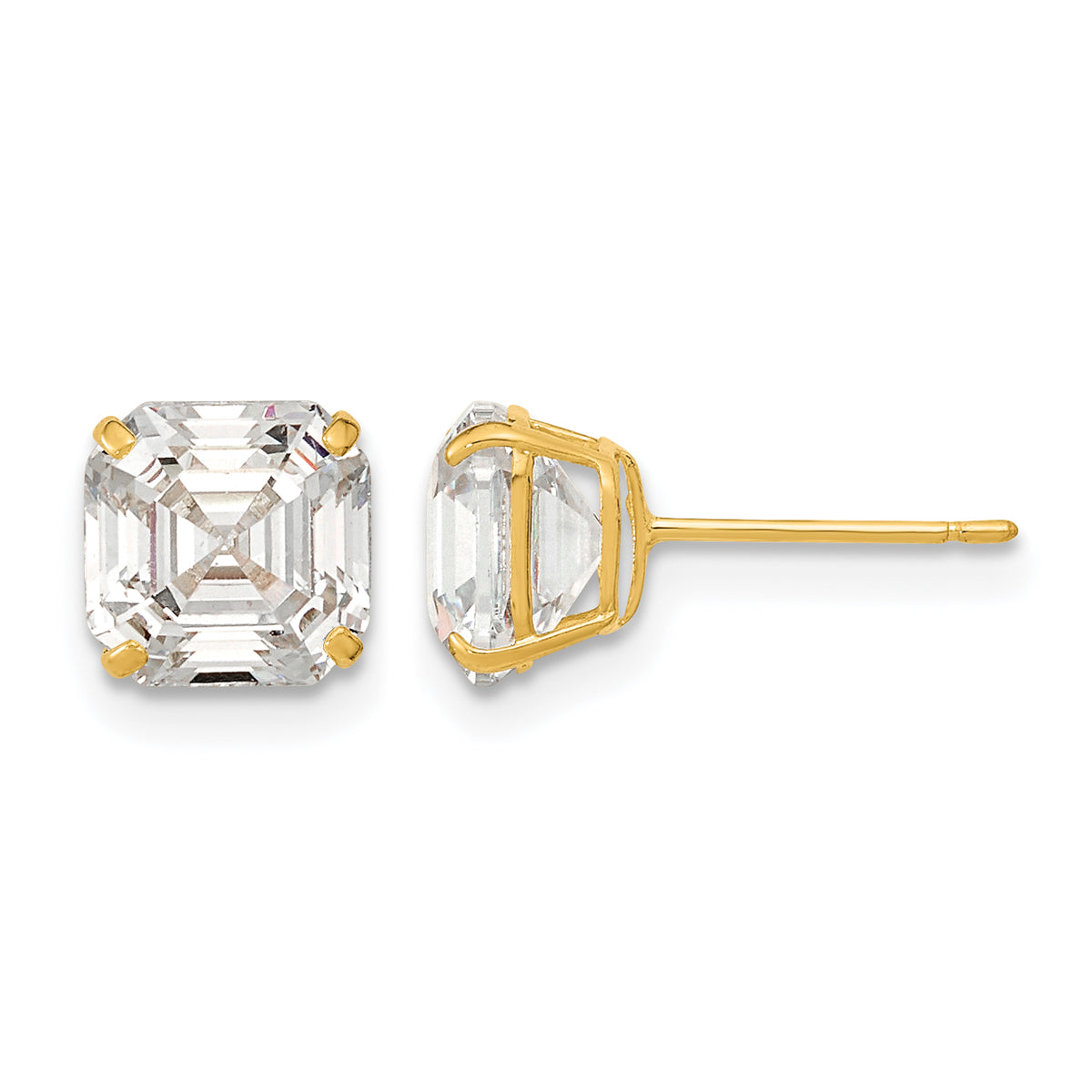 Round CZ Post Earrings - 14k Yellow Gold / Octagon / Emerald / 7x7 mm