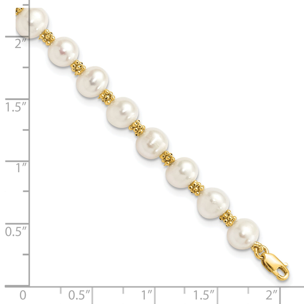 14k Yellow Gold 6-7mm White Round Freshwater Cultured Pearl 7.25 inch Bracelet, shown with a ruler for scale