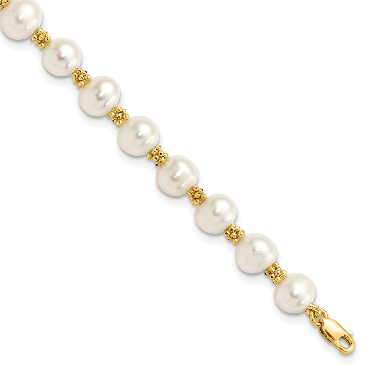 14k Yellow Gold 6-7mm White Round Freshwater Cultured Pearl 7.25 inch Bracelet