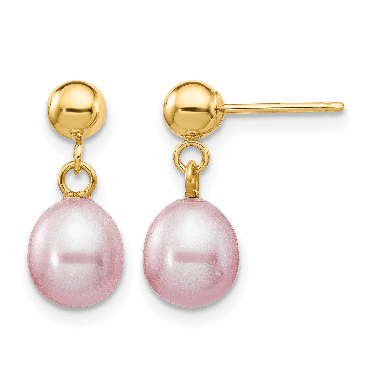 Rice Freshwater Cultured Pearl Dangle Post Earrings - 14k Yellow Gold / 6 to 7 mm (range) / Purple
