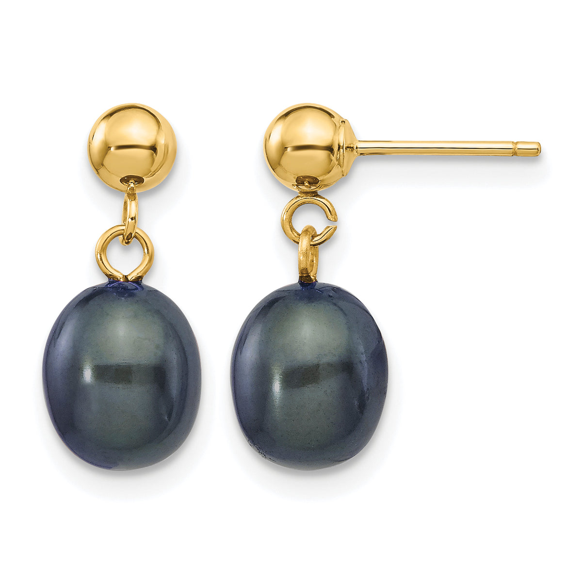 Rice Freshwater Cultured Pearl Dangle Post Earrings - 14k Yellow Gold / 7 to 8 mm (range) / Black