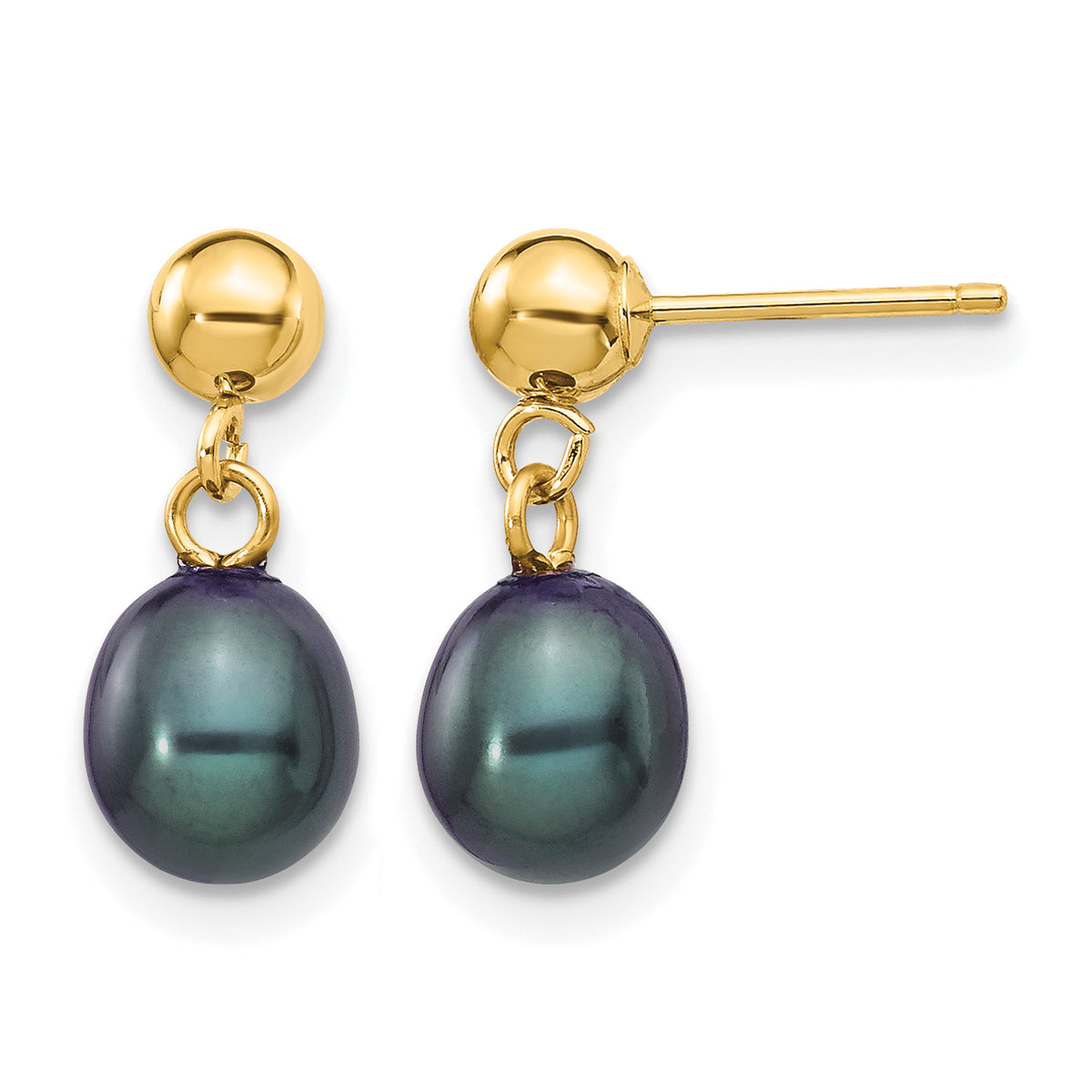 Rice Freshwater Cultured Pearl Dangle Post Earrings - 14k Yellow Gold / 6 to 7 mm (range) / Black