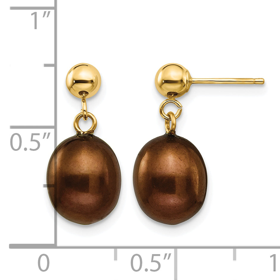 Rice Freshwater Cultured Pearl Dangle Post Earrings - 14k Yellow Gold / 8 to 9 mm (range) / Brown