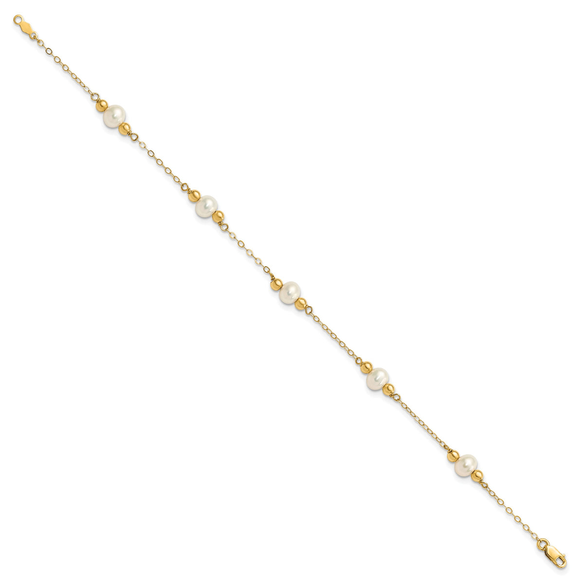 14k Yellow Gold 5-6mm White Freshwater Cultured Pearl Beaded 5-Station 7.5 inch Bracelet, view 2