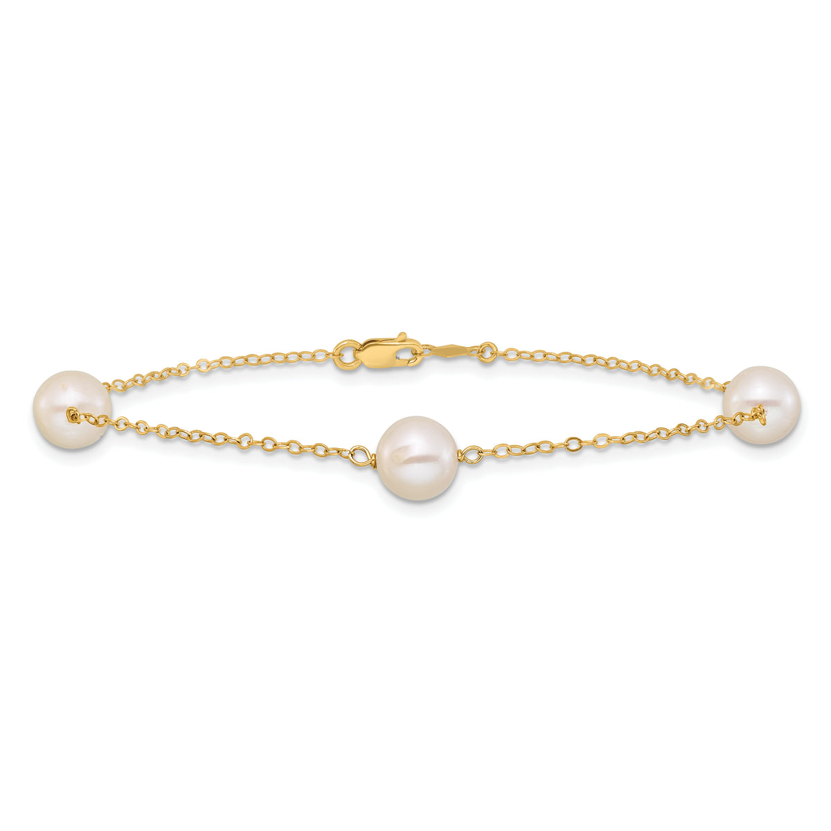 14k Yellow Gold 7-8mm White Freshwater Cultured Pearl 3-Station 7.25 inch Bracelet, view 3