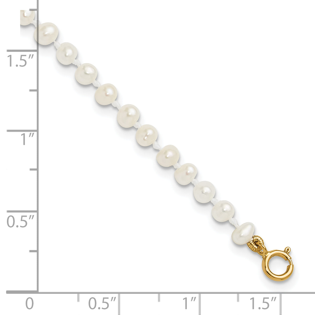 14k Madi K 3-4mm White Egg Shape Freshwater Cultured Pearl 6 inch Bracelet, shown with a ruler for scale