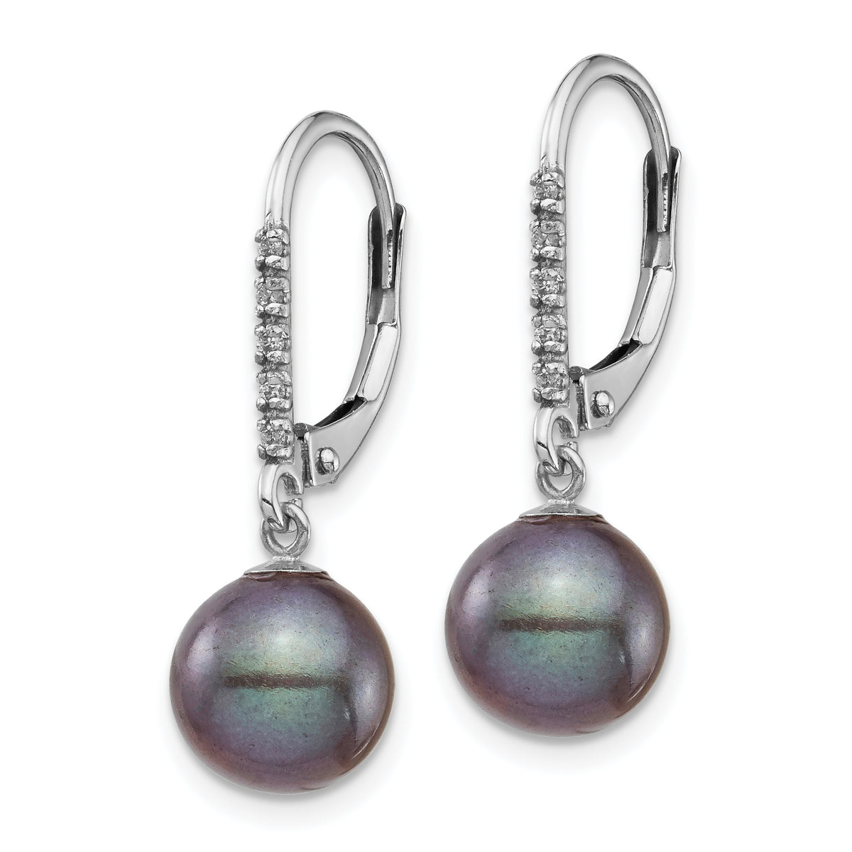 14k White Gold 8-9mm Black Freshwater Cultured Pearl & 0.05 ct Diamond Leverback Earrings, view 2