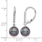 14k White Gold 8-9mm Black Round Freshwater Cultured Pearl and .05 Carat Diamond Dangle Leverback Earrings