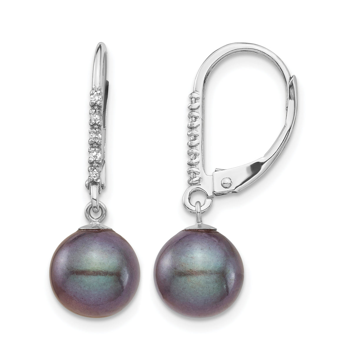 14k White Gold 8-9mm Black Freshwater Cultured Pearl & 0.05 ct Diamond Leverback Earrings