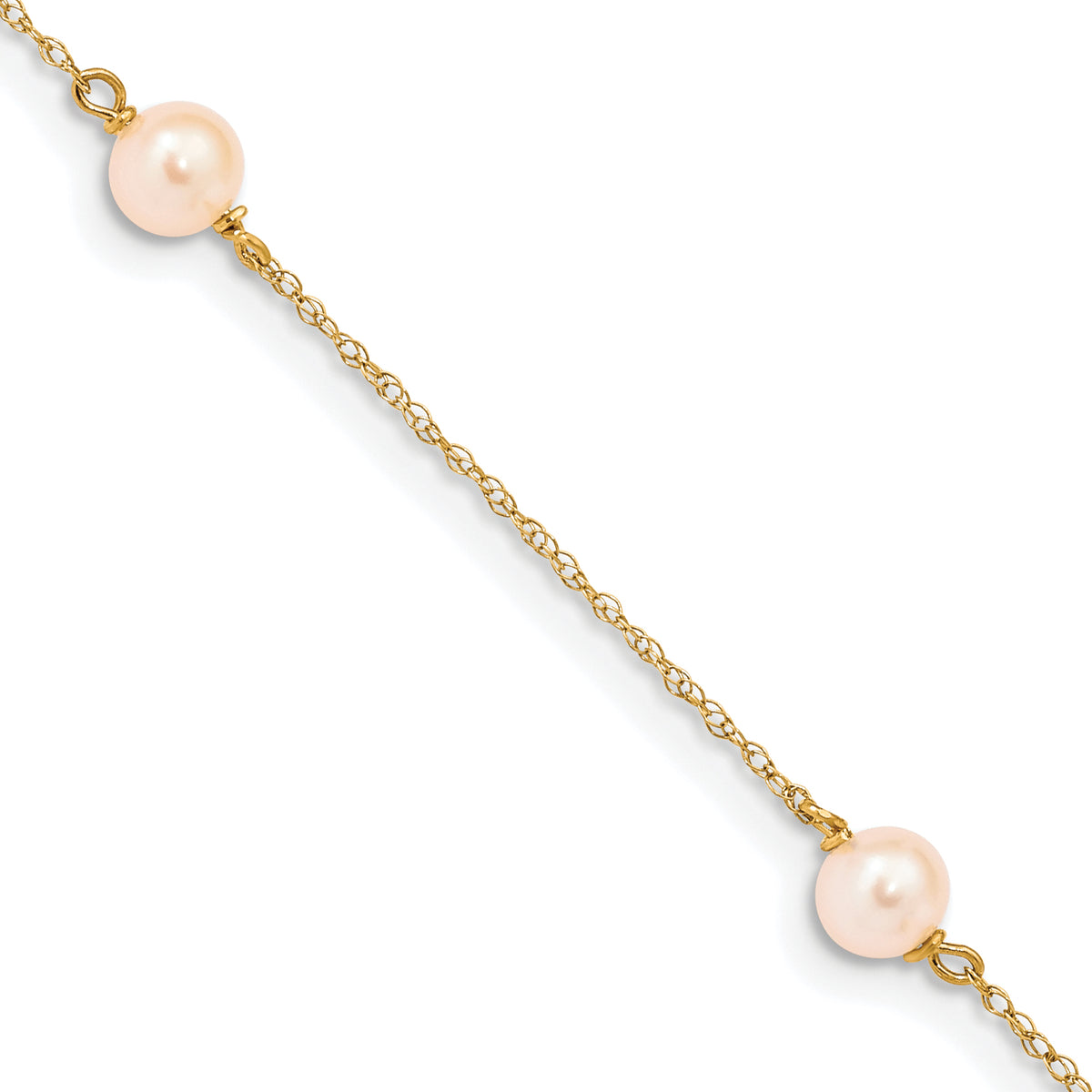 14k Yellow Gold Children's Freshwater Cultured Pearl 3-Station Bracelet, 6 inch - Pink