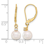 14k 7-8mm White Round Akoya Saltwater Cultured Pearl and .10 Carat Diamond Dangle Leverback Earrings