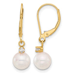 14k 7-8mm White Round Akoya Saltwater Cultured Pearl and .10 Carat Diamond Dangle Leverback Earrings
