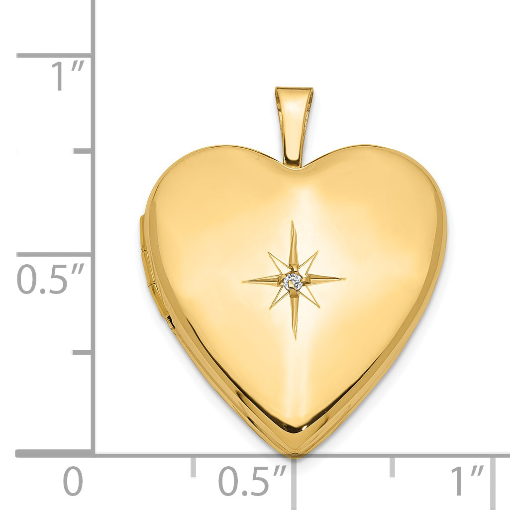 14k Gold Diamond Star 20mm Heart Locket, shown with a ruler for scale - 14k Yellow Gold
