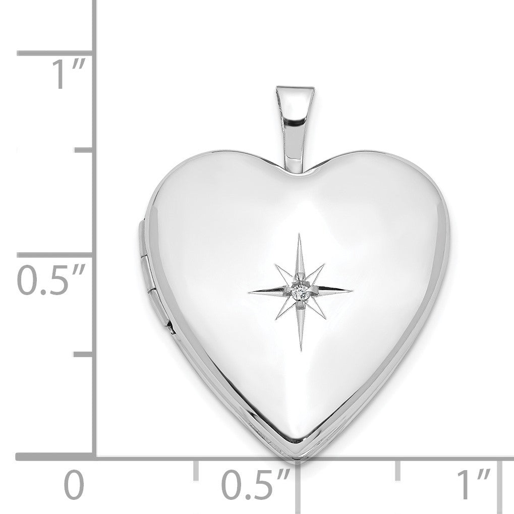 14k Gold Diamond Star 20mm Heart Locket, shown with a ruler for scale - 14k White Gold