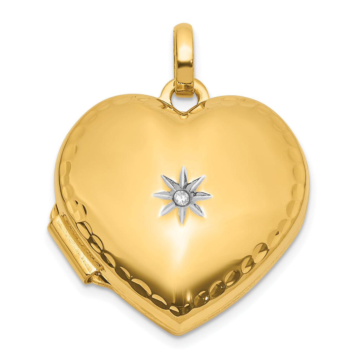 Gold Polished Diamond Heart Locket - 14k Gold with White Rhodium