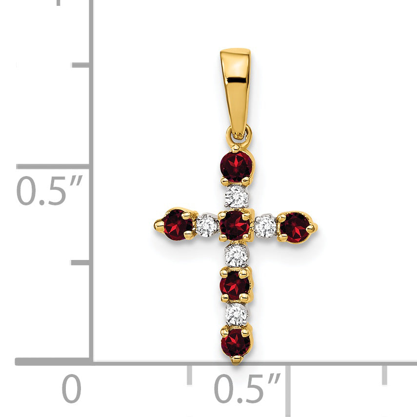 14k Gold Kids' Birthstone and Diamond Cross Pendant, shown with a ruler for scale - 14k Yellow Gold / Garnet