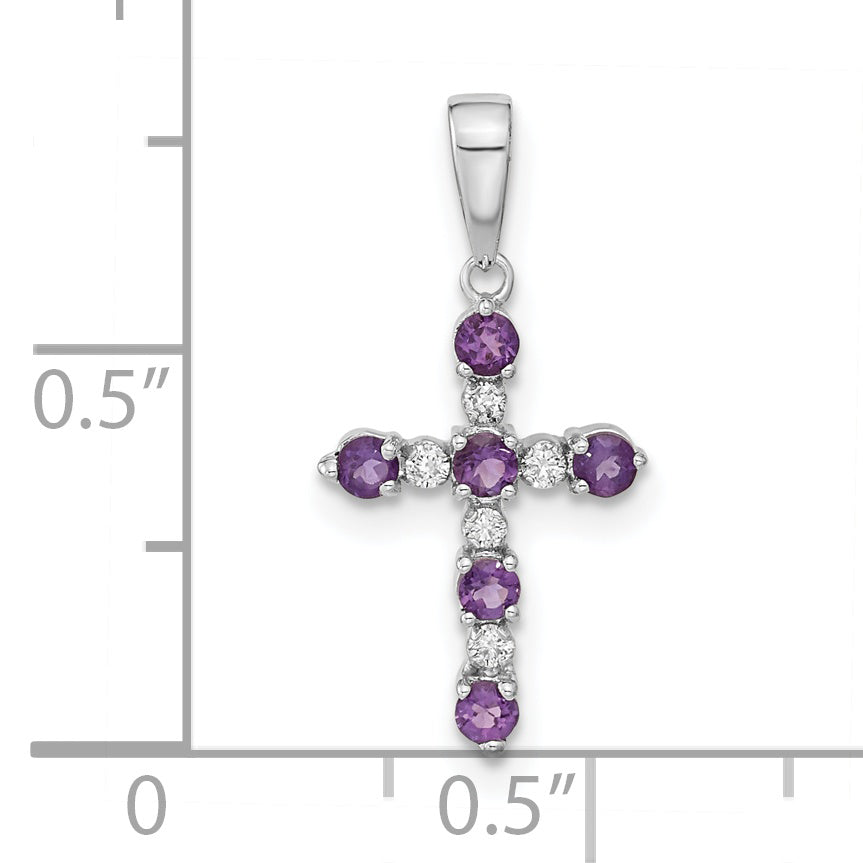 14k Gold Kids' Birthstone and Diamond Cross Pendant, shown with a ruler for scale - 14k White Gold / Amethyst