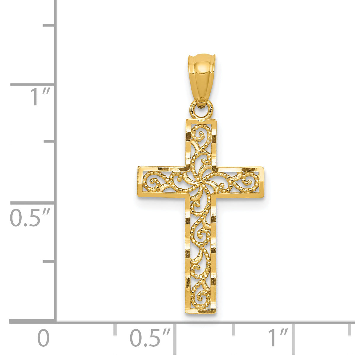 14k Yellow Gold Filigree Cross Pendant, shown with a ruler for scale