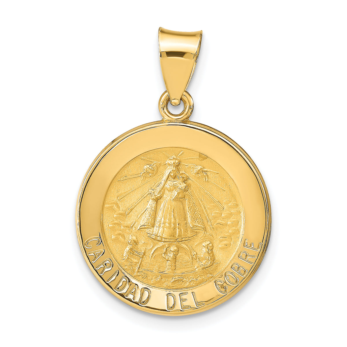 14k Yellow Gold Polished and Satin Hollow Caridad Del Cobre Medal Round Pendant