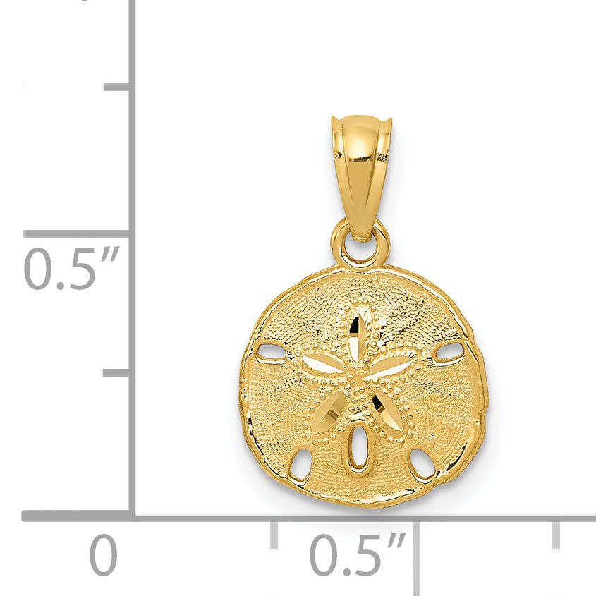 14k Yellow Gold Polished & Textured Sand Dollar Pendant, shown with a ruler for scale