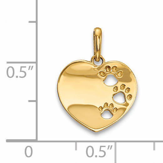 14k Yellow Gold Heart with Pawprints Pendant, shown with a ruler for scale