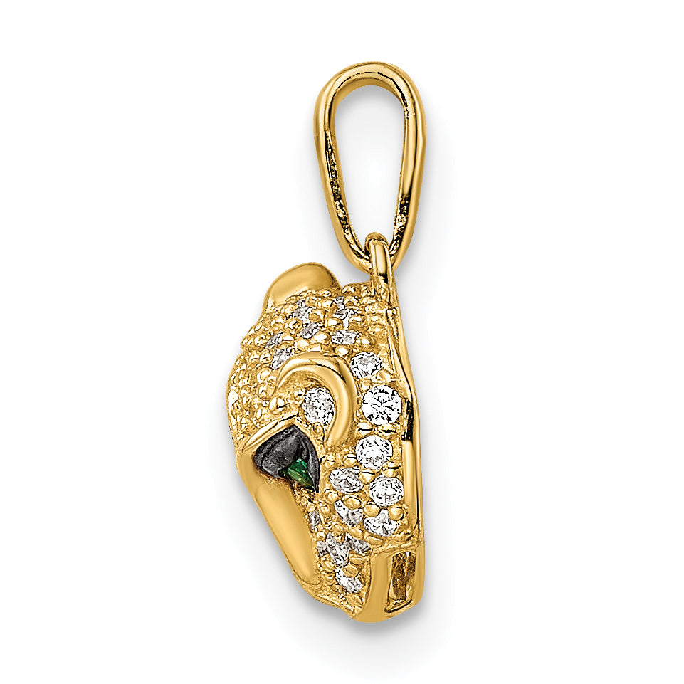 14k Yellow Gold Polished Green and White CZ Lioness Head Pendant, view 2