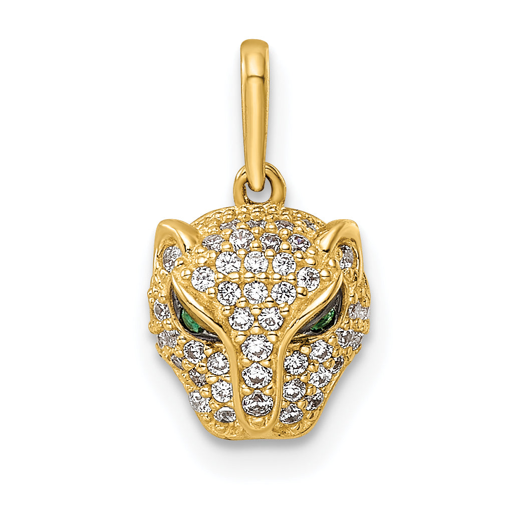 14k Yellow Gold Polished Green and White CZ Lioness Head Pendant