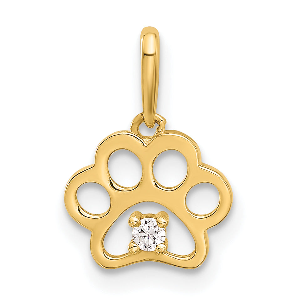 14k Yellow Gold Polished CZ Cut-out Paw Print Pendant