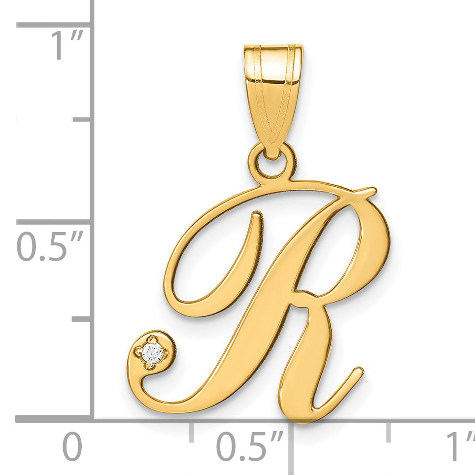14k Yellow Gold Script Letter R Initial Pendant with Diamond