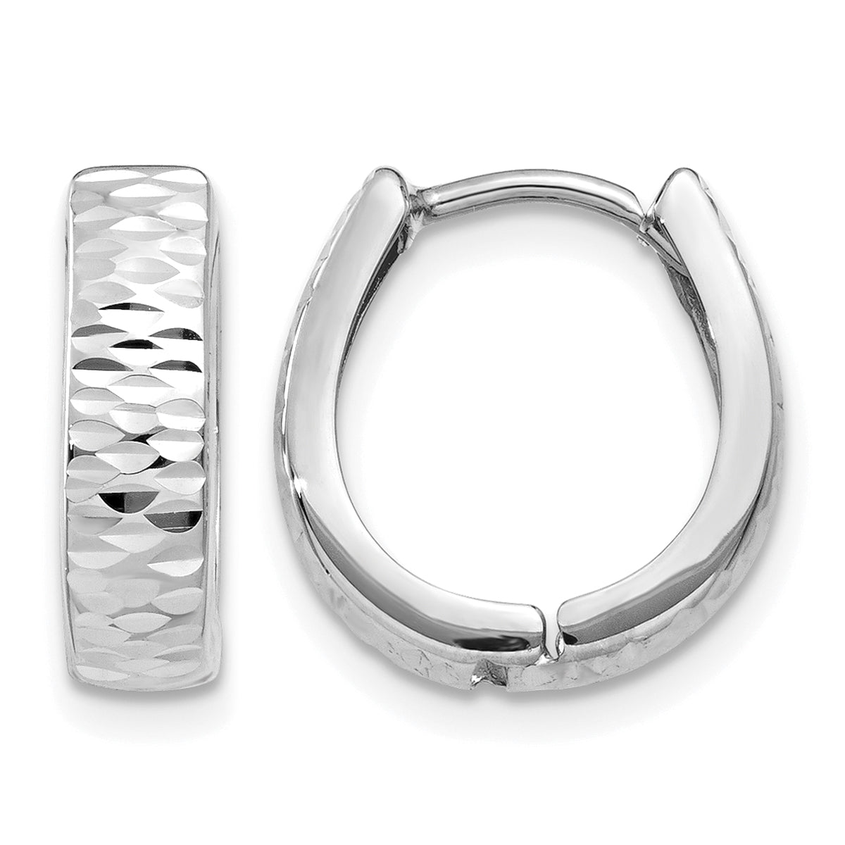 14k Gold Textured and Polished Hinged Hoop Earrings - 14k White Gold