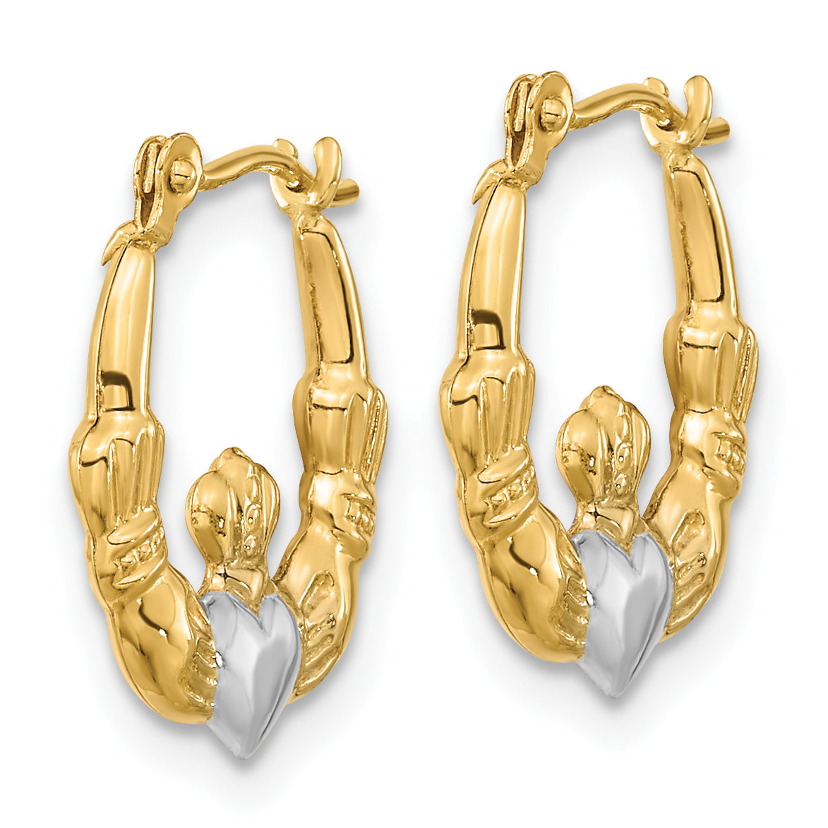 Gold Claddagh Hoop Earrings - 14k Gold with White Rhodium / 2.5 mm / 14 x 16.5 mm
