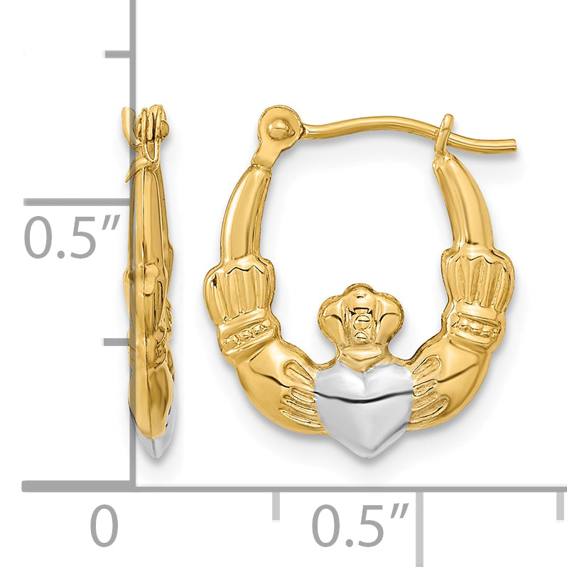 Gold Claddagh Hoop Earrings - 14k Gold with White Rhodium / 2.5 mm / 14 x 16.5 mm