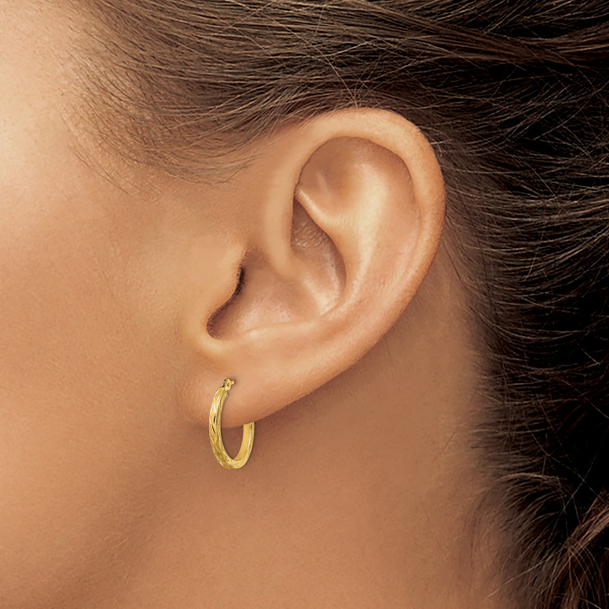 14k Yellow Gold Polished and Satin Diamond-cut Hoop Earrings, view 3