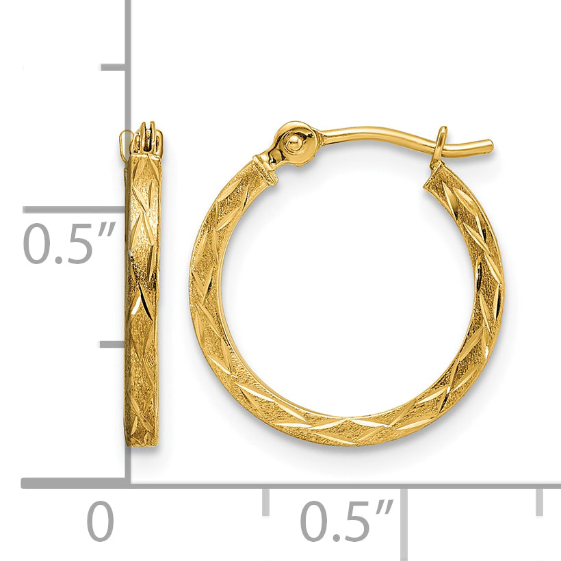 14k Yellow Gold Polished and Satin Diamond-cut Hoop Earrings, shown with a ruler for scale