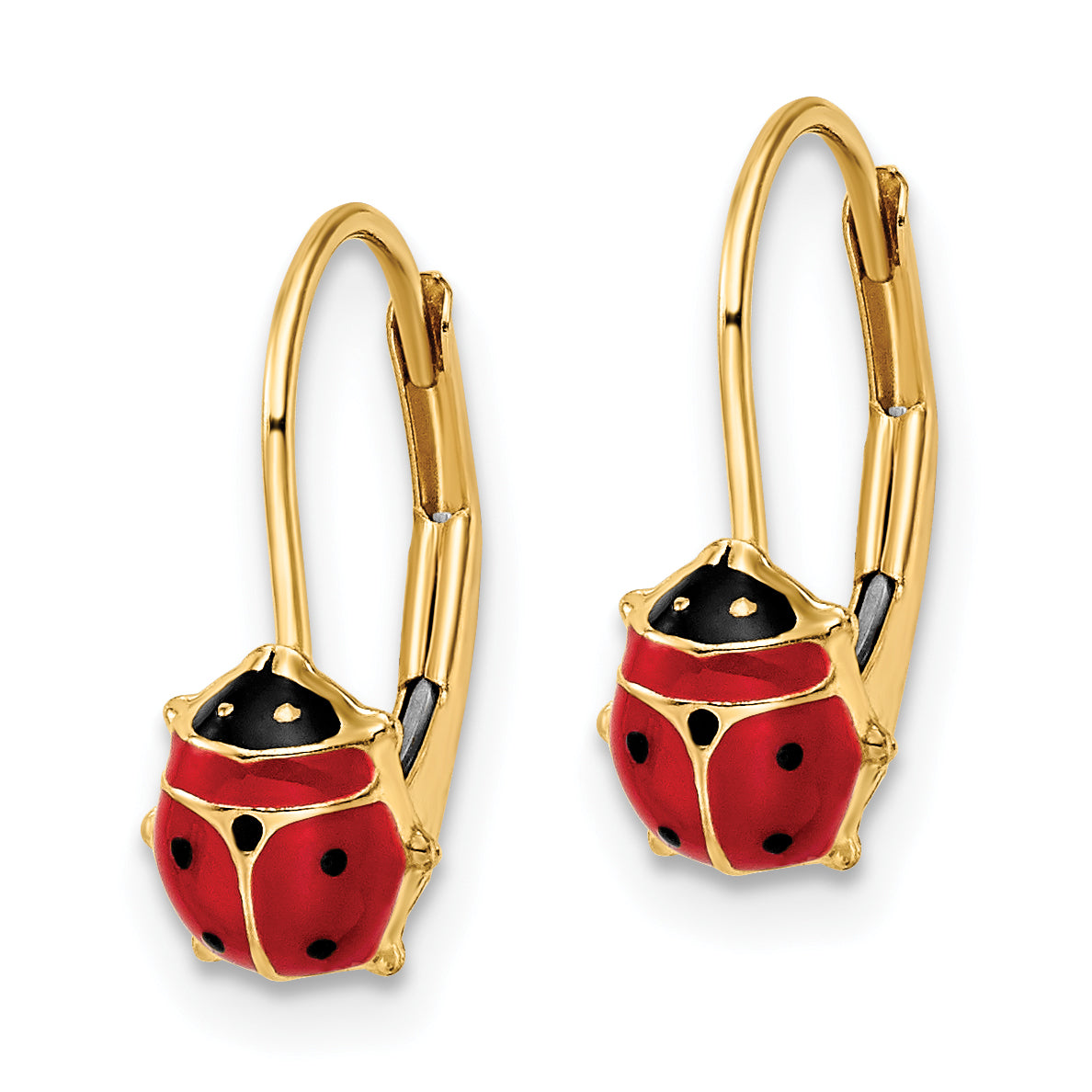 14k Yellow Gold Polished Red and Black Enameled Ladybug Leverback Earrings, view 2
