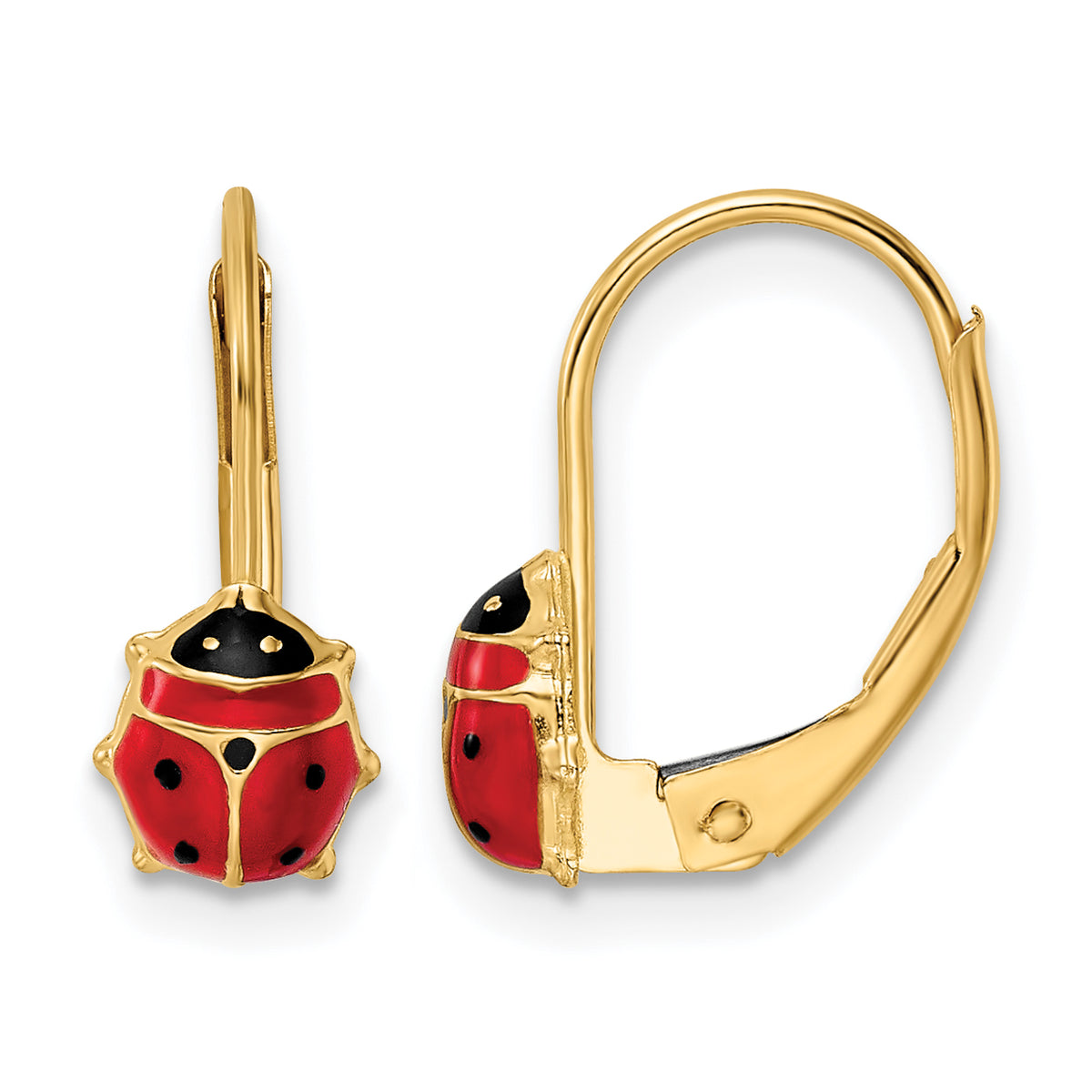 14k Yellow Gold Polished Red and Black Enameled Ladybug Leverback Earrings