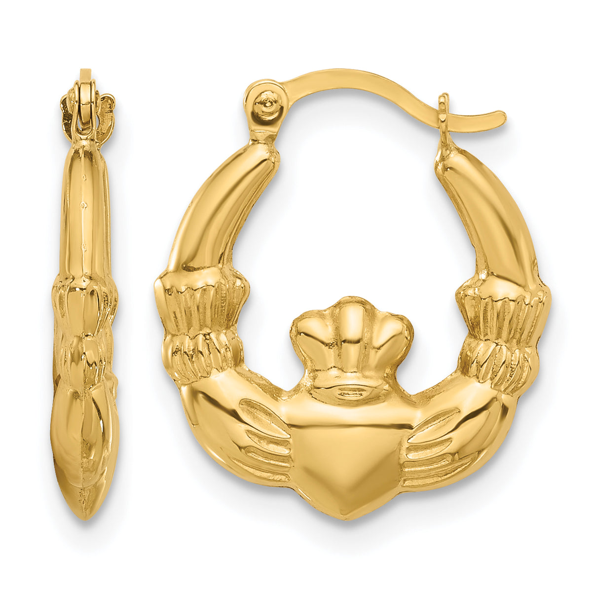 Gold Claddagh Hoop Earrings - 14k Yellow Gold / 3 mm / 15 x 18 mm