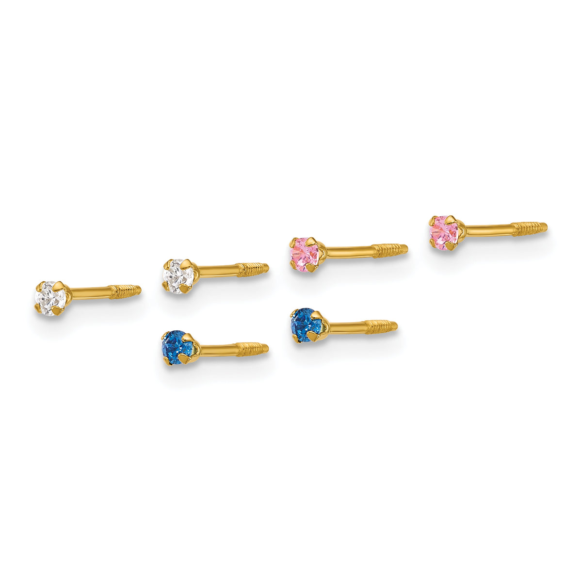 14k Yellow Gold Polished 2mm White/Pink/Blue CZ Screwback Post Set of 3 Pair Earrings, view 2