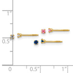 14k Yellow Gold Polished 2mm White/Pink/Blue CZ Screwback Post Set of 3 Pair Earrings, shown with a ruler for scale