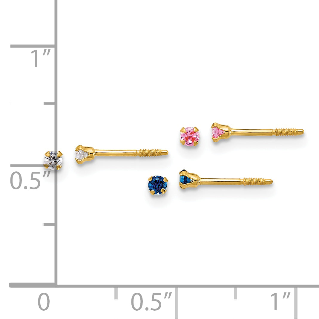 14k Yellow Gold Polished 2mm White/Pink/Blue CZ Screwback Post Set of 3 Pair Earrings, shown with a ruler for scale