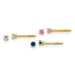 14k Yellow Gold Polished 2mm White/Pink/Blue CZ Screwback Post Set of 3 Pair Earrings