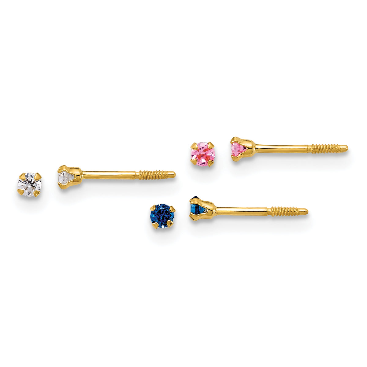 14k Yellow Gold Polished 2mm White/Pink/Blue CZ Screwback Post Set of 3 Pair Earrings