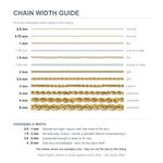 Chain width guide: chain widths from 0.5 mm to 6 mm drawn to scale, with how each width wears